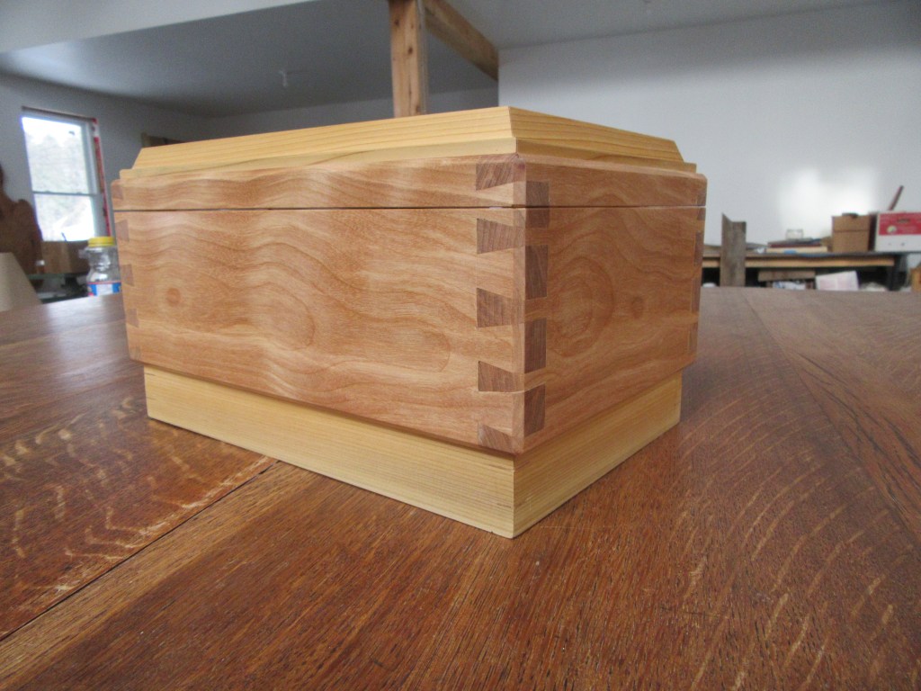 Handcrafted dovetail detailing on cedar and birch keepsake box
