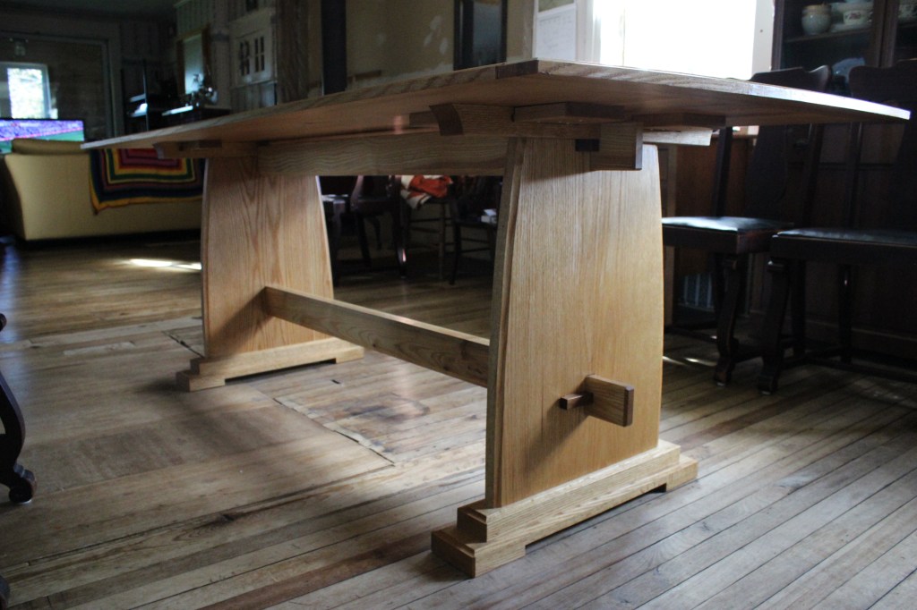 View of underside detailing of trestle table